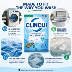 CLINCLII Laundry Detergent Eco Sheets — Fresh Scent, 60 Loads